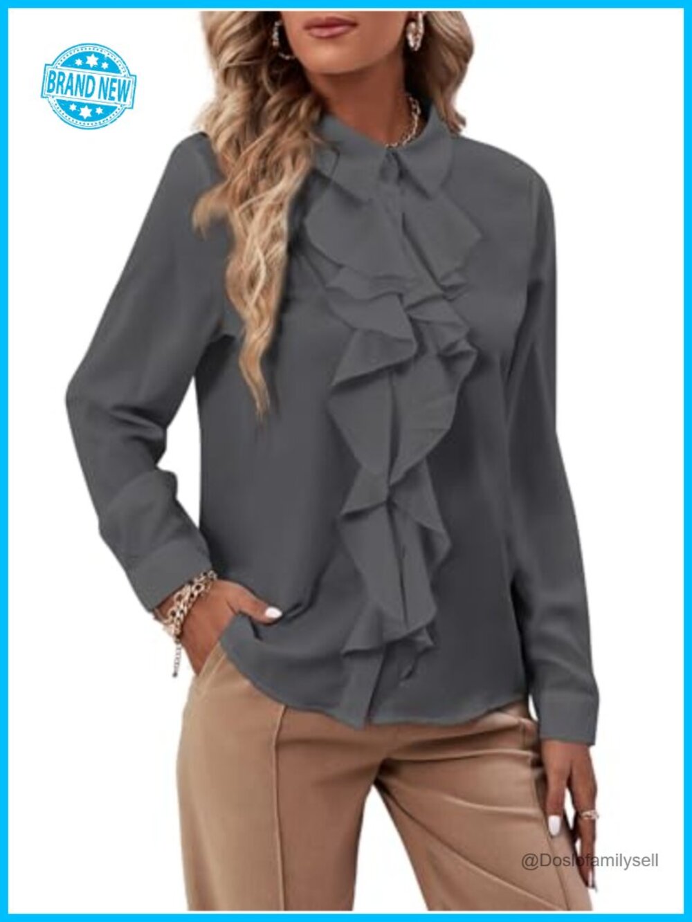 Women's Ruffle Front Button Down Blouse Long Sleeve Loose Fit Elegant Office Top
